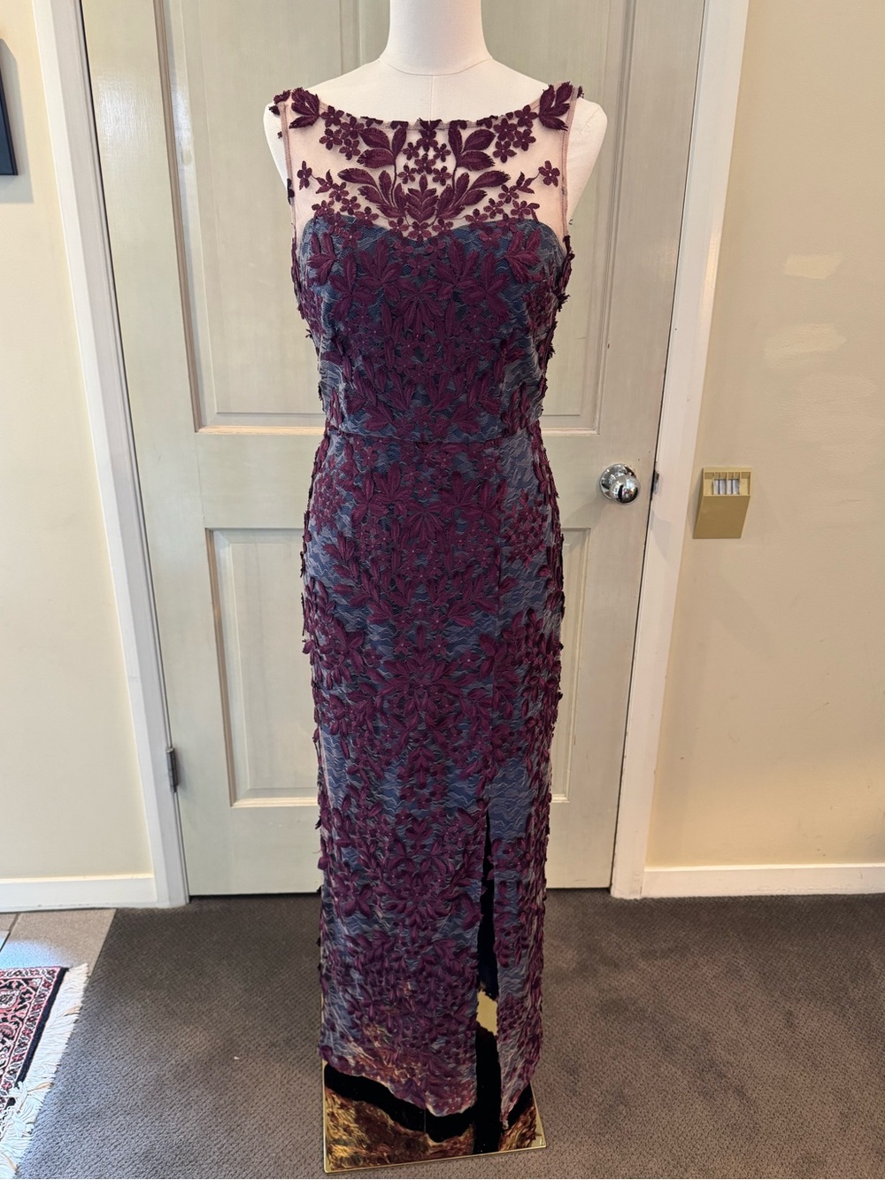 JS Collections Navy Blue Lining with Plum Floral Embroidery Texture, Size 6